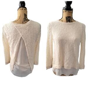 Small Lucky Brand lace sleeve two-fer cream sweater top